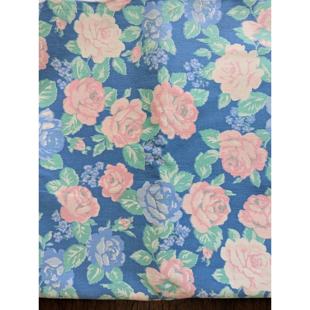 Vtg 80s 90s Cotton Denim Fabric Blue Pink Rose Floral 62" Wide x 1.6yd Pastels